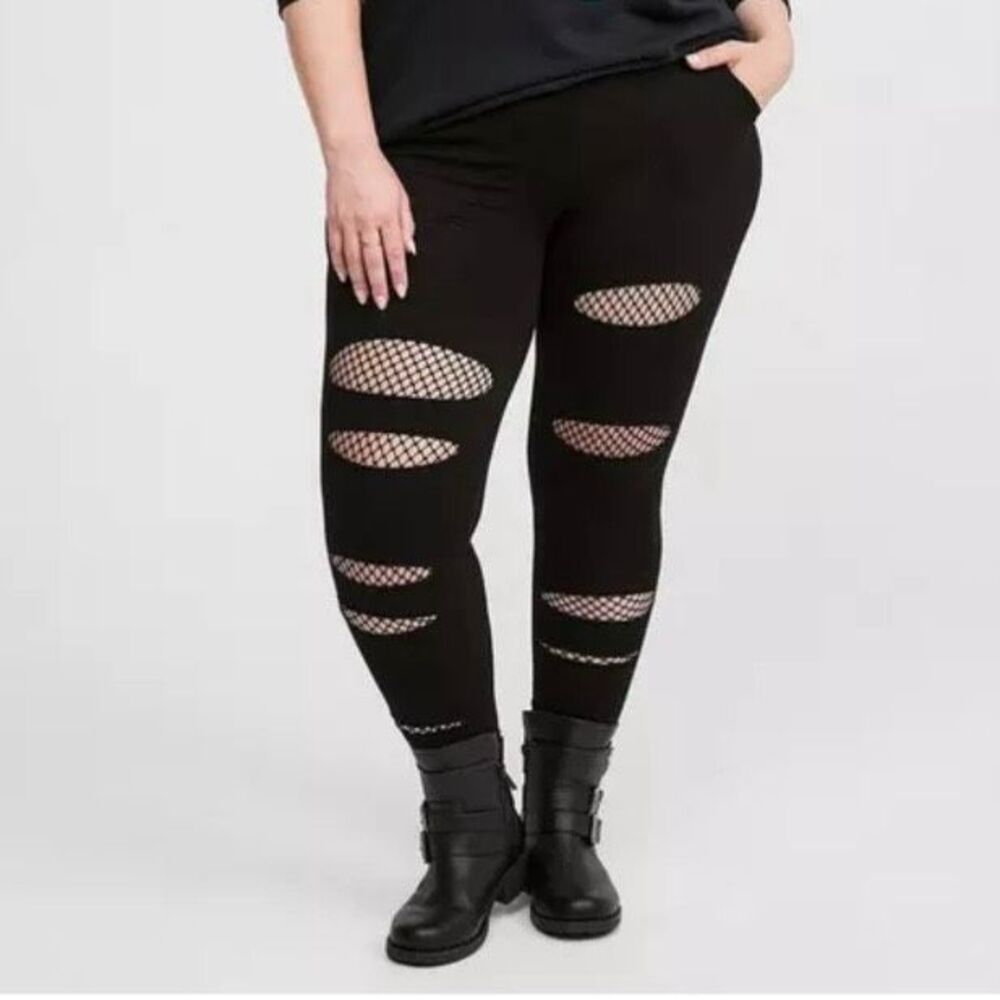 TORRID | Black Full-Length Mesh Slit Pocket Leggings Fishnet Distressed | 6 (6X)